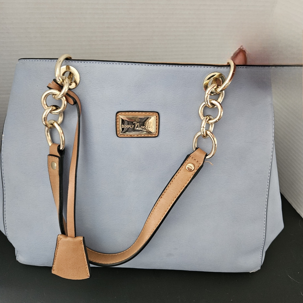 Simply Noelle Blue Shoulder Bag with Gold and Tan Accents